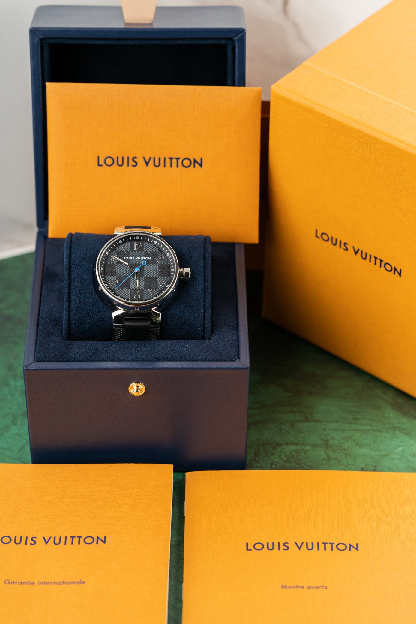 Louis Vuitton Tambour GM Watch QA073 Stainless Steel x Monogram Eclipse 2019