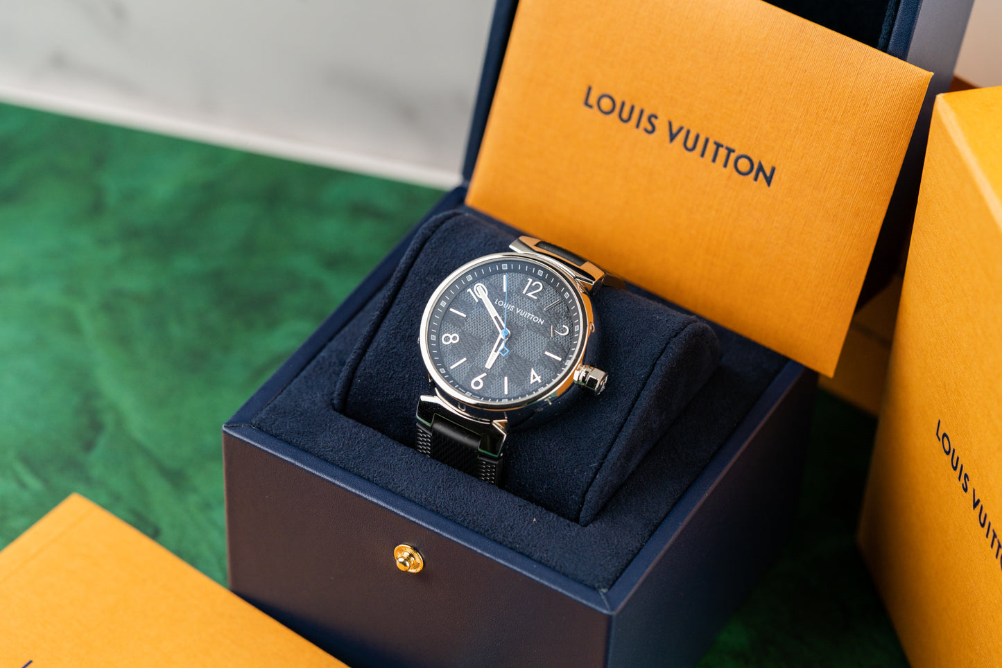 Louis Vuitton Tambour GM Watch QA073 Stainless Steel x Monogram Eclipse 2019
