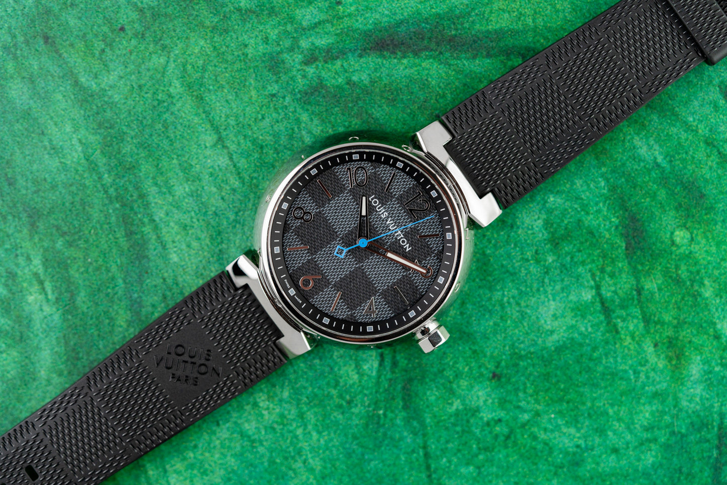 Louis Vuitton Tambour GM Watch QA073 Stainless Steel x Monogram Eclipse 2019