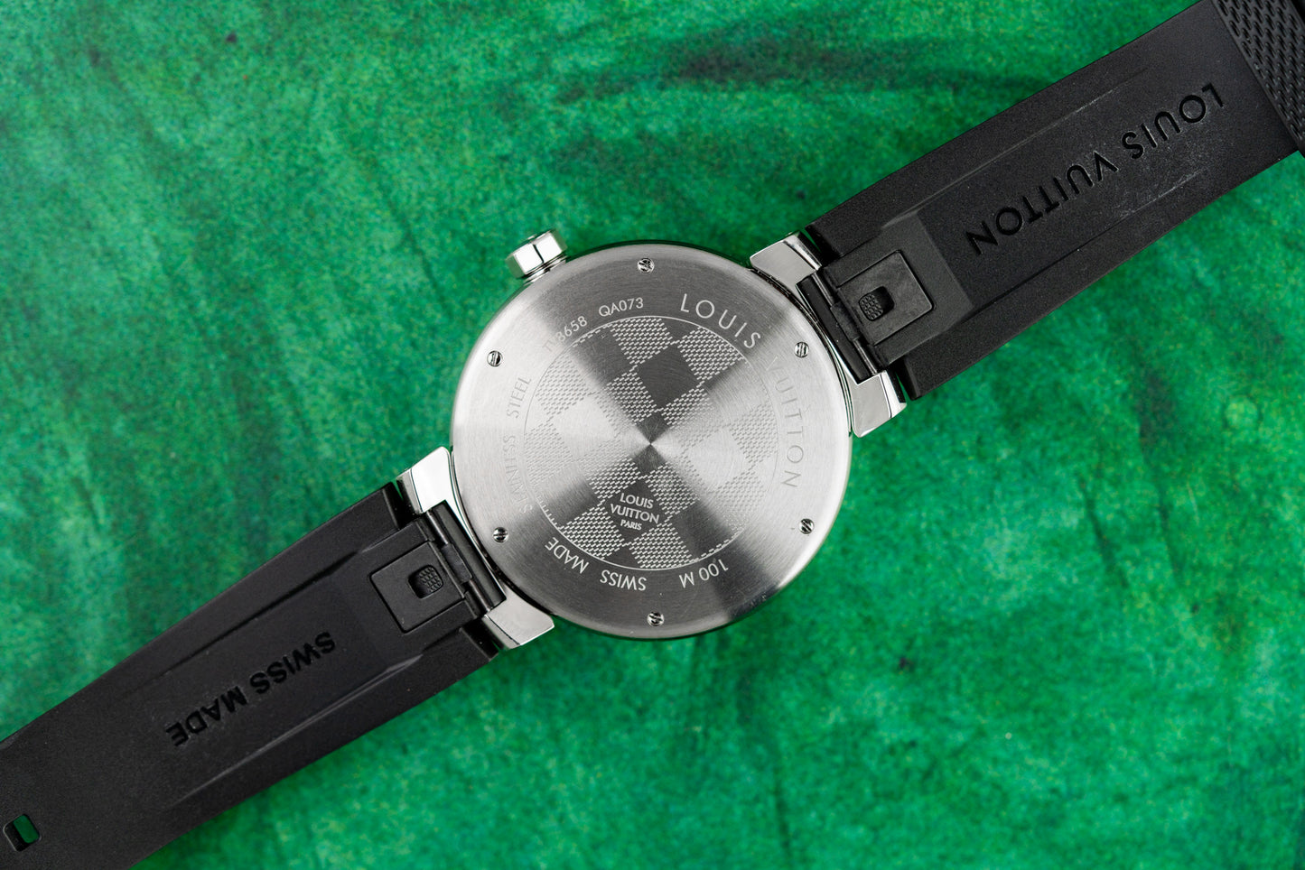 Louis Vuitton Tambour GM Watch QA073 Stainless Steel x Monogram Eclipse 2019