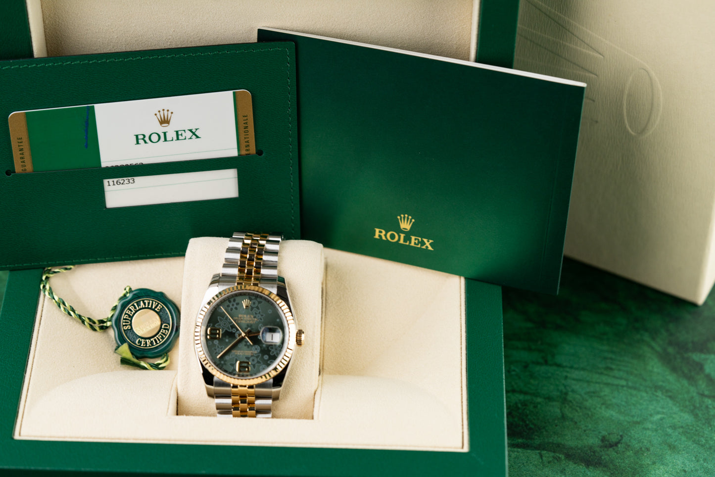Rolex Datejust 36 Green Floral Dial 116233 Two Tone Yellow Gold Jubilee 2018