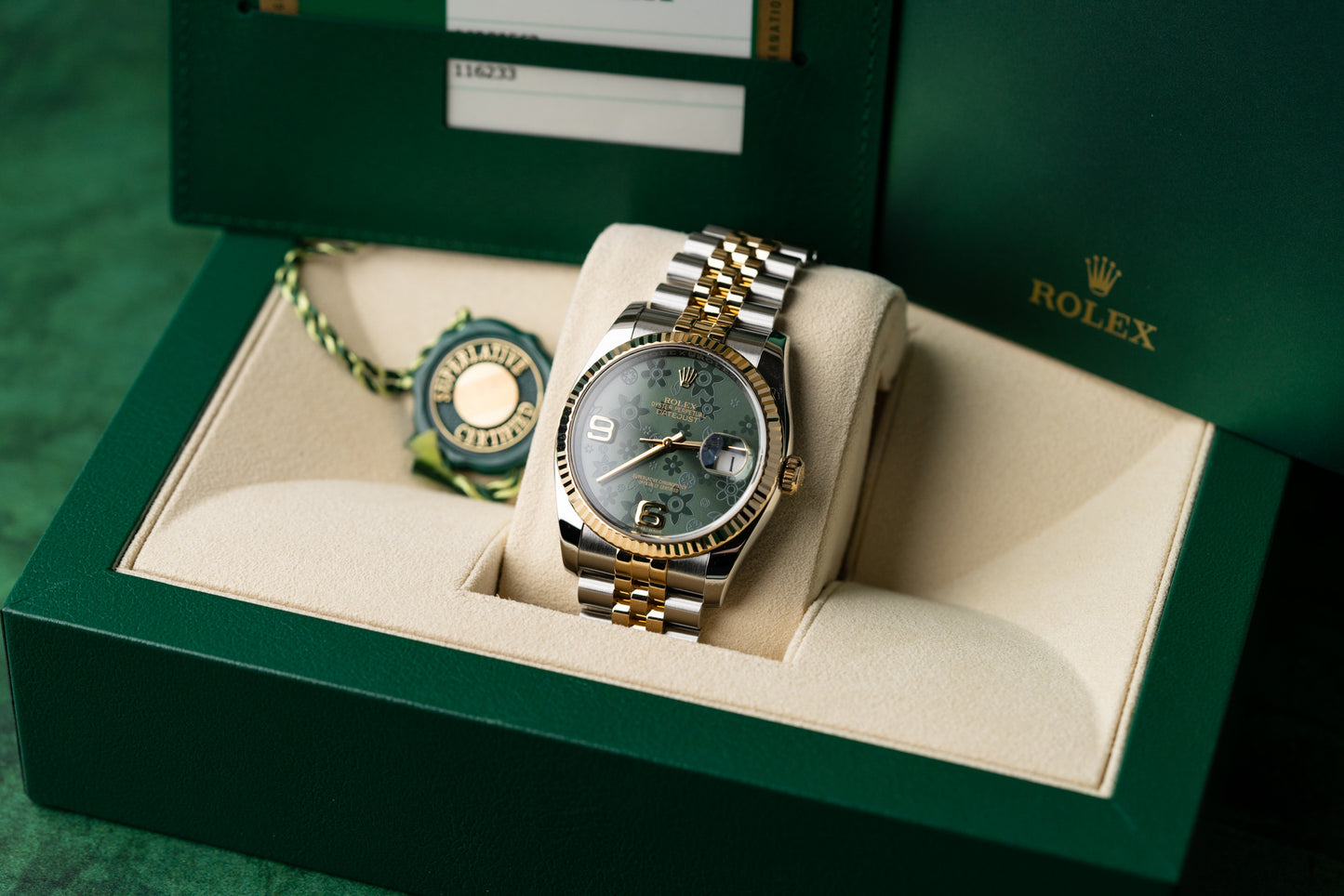 Rolex Datejust 36 Green Floral Dial 116233 Two Tone Yellow Gold Jubilee 2018