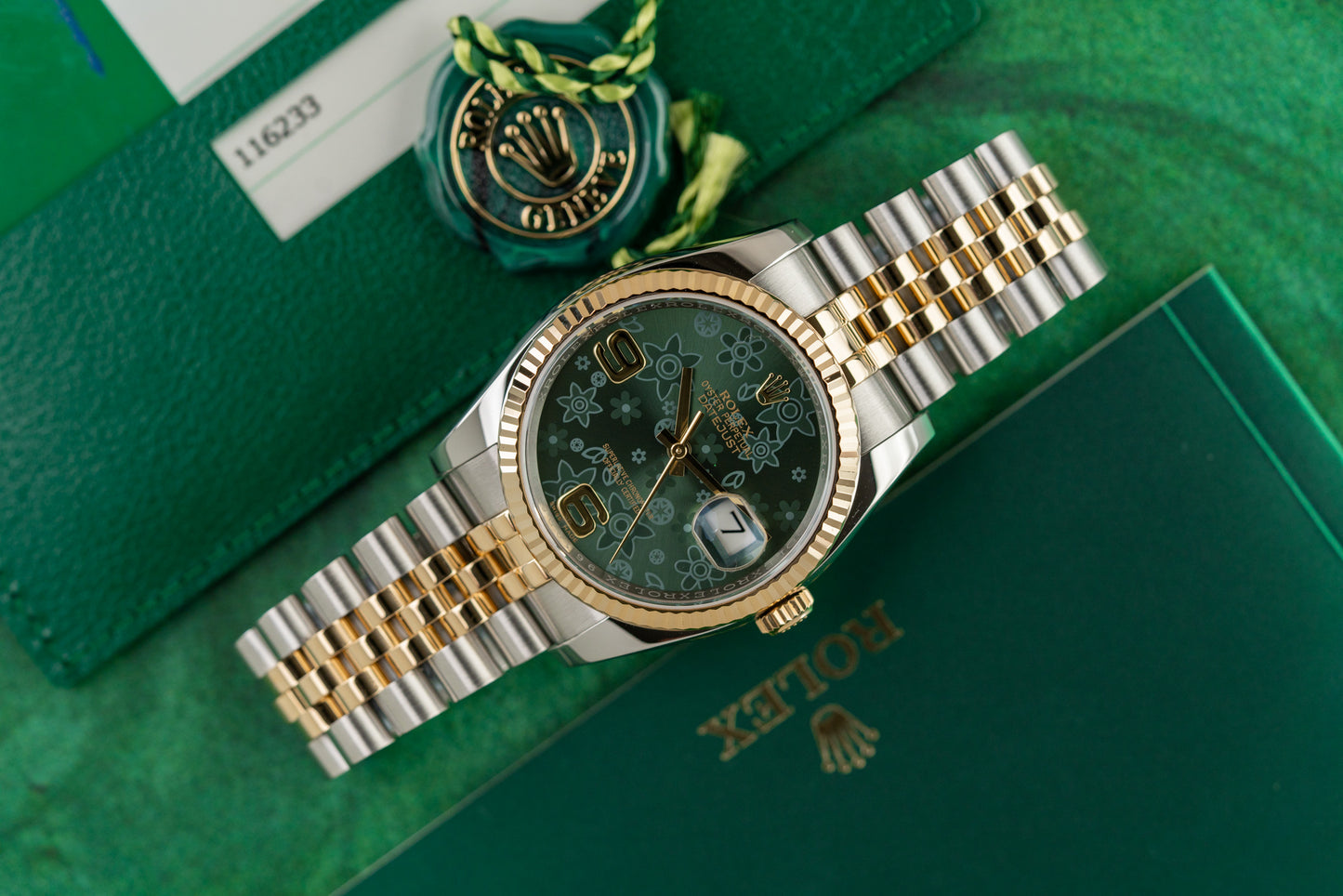 Rolex Datejust 36 Green Floral Dial 116233 Two Tone Yellow Gold Jubilee 2018