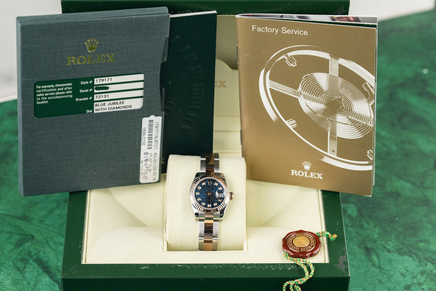 Rolex Lady-Datejust 26 179171 Blue Jubilee Diamond Dial Two-Tone Rose Gold 2008 - The Watch Business Sydney