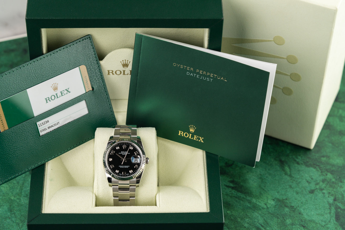 Rolex Oyster Perpetual Date 115234 Black Arabic Diamond Dial Oyster Stainless Steel Bracelet - The Watch Business Sydney