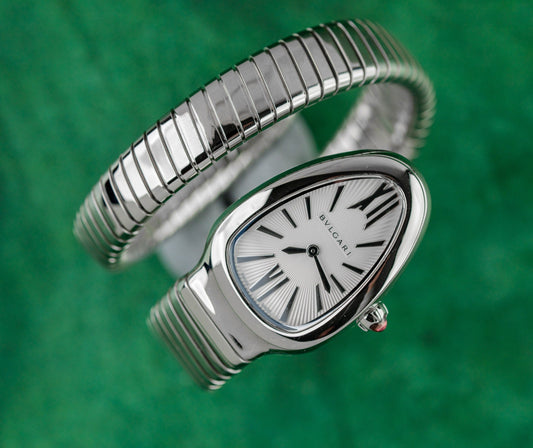 Bulgari Serpenti Tubogas 101828 Silver Opaline Dial Stainless Steel 2025 - 35mm single-spiral tubogas bracelet watch front view