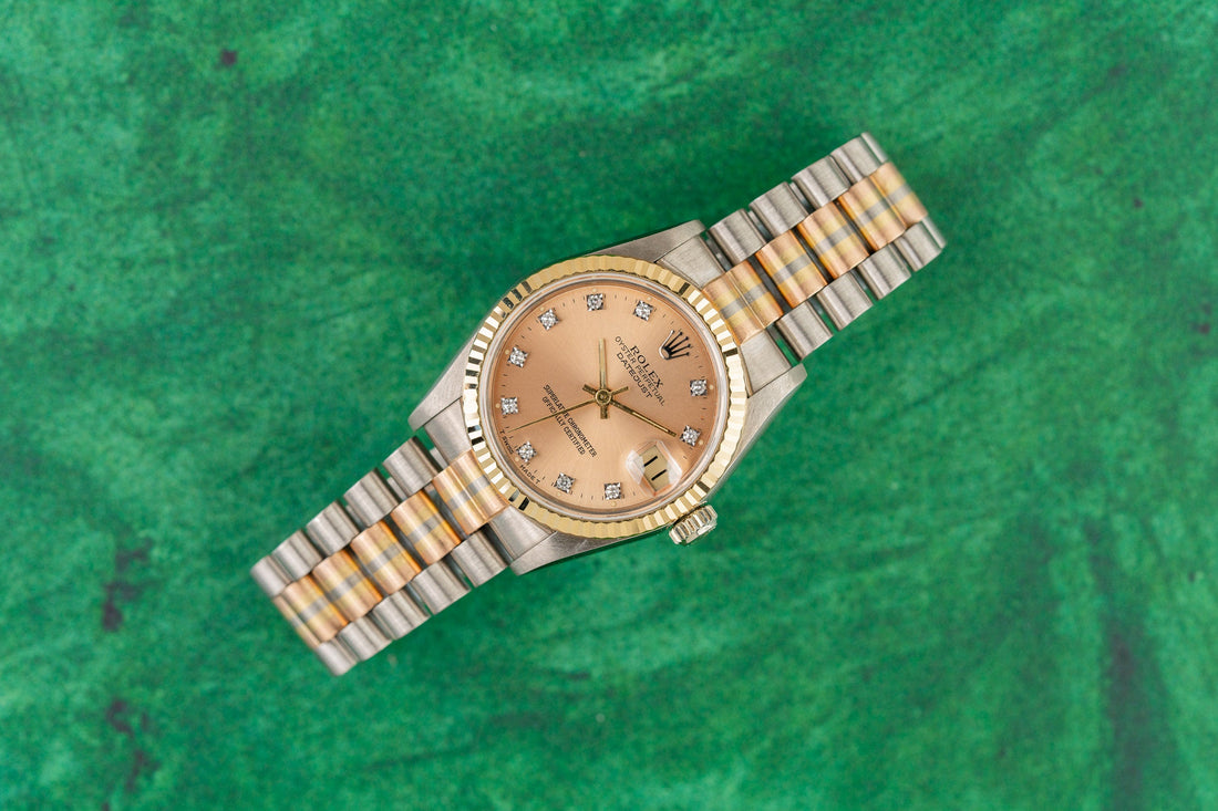Rolex Datejust 31 68279 Tridor Champagne Diamond Dial circa 1986 - white gold case, yellow gold fluted bezel, three colour gold President bracelet front view