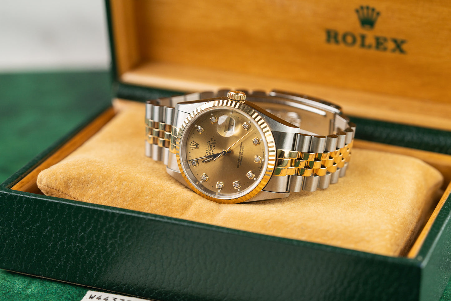 Rolex Datejust 36 Champagne Diamond Dial 16233 Two Tone Yellow Gold 1995 Model caseback - Pre-Owned Sydney