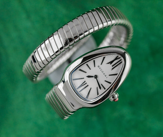 Bulgari Serpenti Tubogas 101828 Silver Dial Guilloche Applied Markers - The Watch Business Sydney