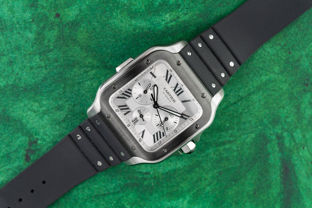 Cartier Santos Chronograph WSSA0017 Silver Dial Steel and Black ADLC 2022 - The Watch Business Sydney