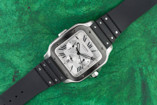 Cartier Santos Chronograph WSSA0017 Silver Dial Steel and Black ADLC 2022 - The Watch Business Sydney