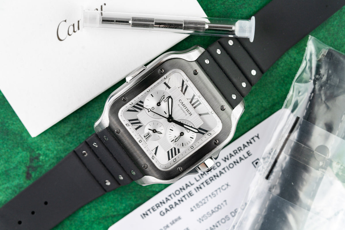 Cartier Santos Chronograph WSSA0017 Silver Dial with Warranty Card and Strap Tool - The Watch Business Sydney