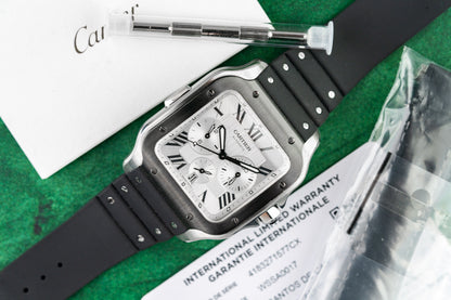 Cartier Santos Chronograph WSSA0017 Silver Dial with Warranty Card and Strap Tool - The Watch Business Sydney