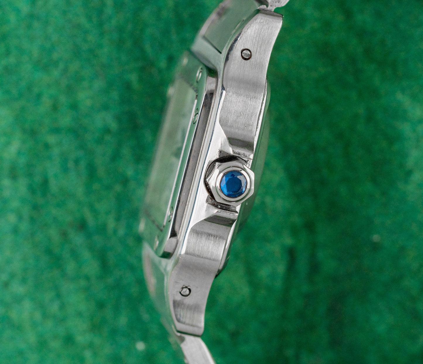 Cartier Santos Galbee 1565 White Dial Blue Cabochon Octagonal Crown - The Watch Business Sydney CBD