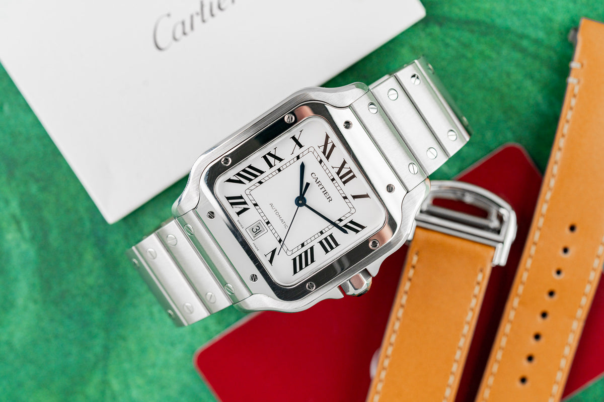 Cartier Santos Large WSSA0018 White Dial Roman Numerals Blued Hands - The Watch Business Sydney