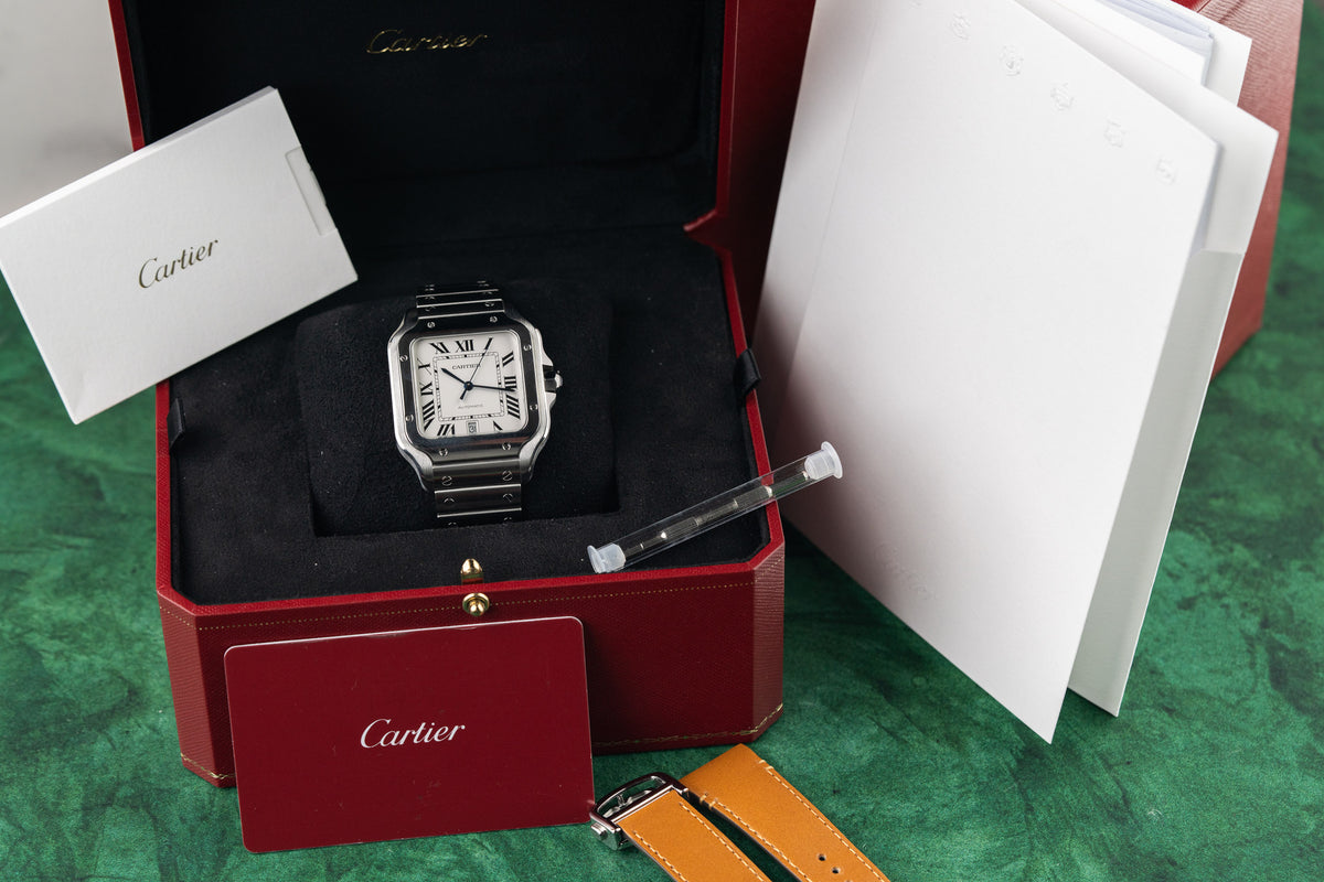 Cartier Santos Large WSSA0018 White Dial Full Set Box Papers and Extra Strap - The Watch Business Sydney