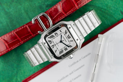 Cartier Santos Medium WSSA0010 White Dial Extra Red Leather Strap Full Set 2018 - The Watch Business Sydney