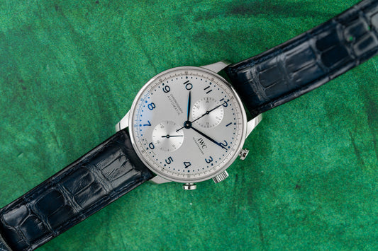 IWC Portuguese Chronograph IW371605 Silver Dial Blue Hands Full Set Box and Papers - Sydney