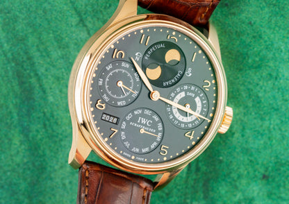 IWC Portuguese Perpetual Calendar IW502103 Rose Gold Leather Strap 2003 Model caseback - Pre-Owned Sydney