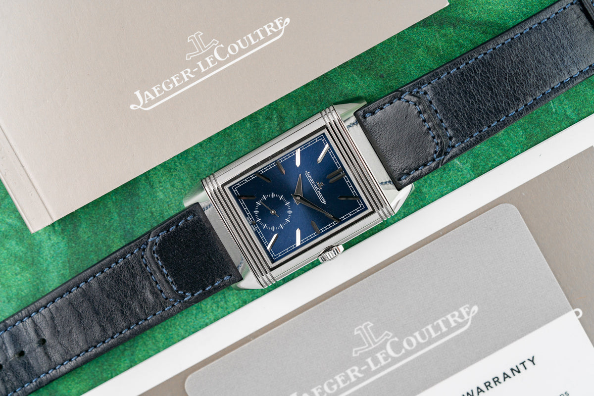JLC Reverso Tribute Duoface Q3988482 Blue Dial Reverse Silver Second Time Zone - The Watch Business Sydney CBD