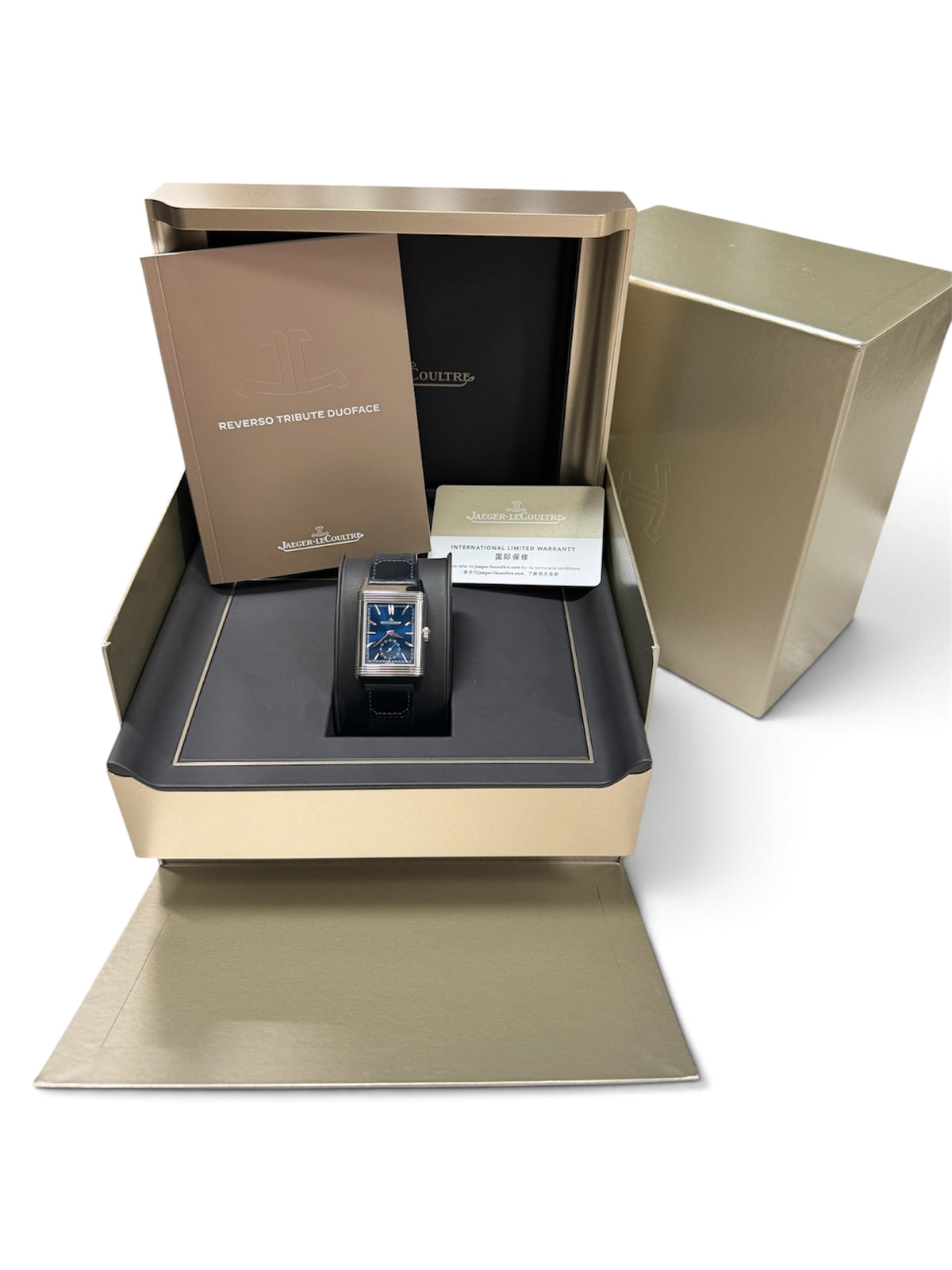 JLC Reverso Tribute Duoface Q3988482 Blue Dial Full Set Box and Papers 2022 - The Watch Business Sydney