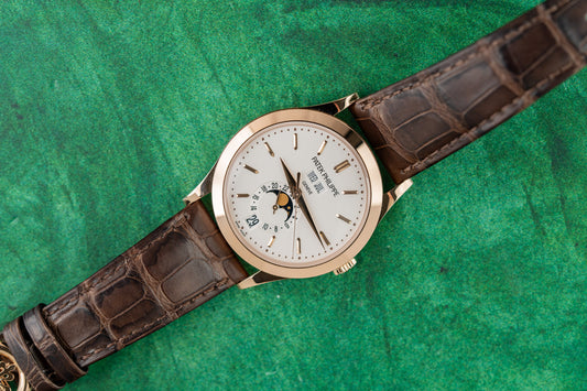 Patek Philippe Annual Calendar 5396R-011 Silvery Opaline Dial Rose Gold Fold-Over Clasp - The Watch Business Sydney