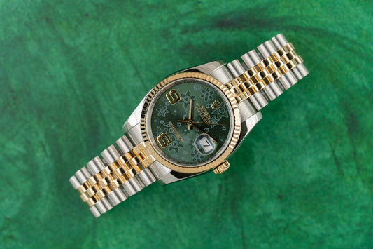 Rolex Datejust 36 Green Floral Dial 116233 Two Tone Yellow Gold Jubilee 2018