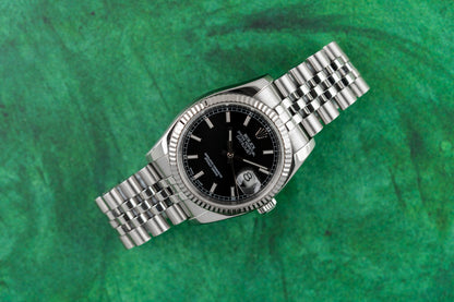 
Rolex Datejust 36 Black Index Dial Roulette Date Wheel 116234 Stainless Steel