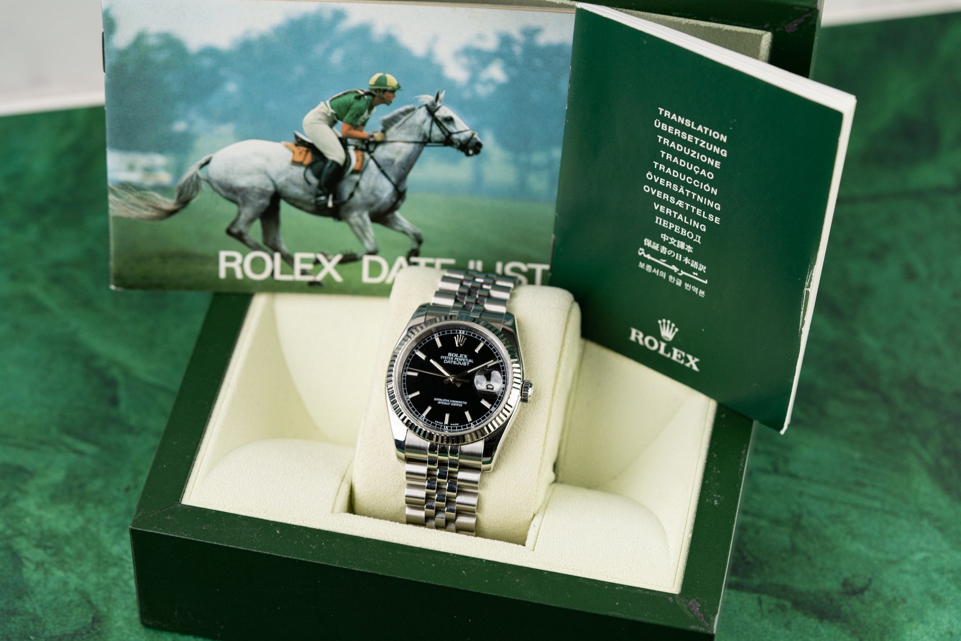 
Rolex Datejust 36 Black Index Dial Roulette Date Wheel 116234 Stainless Steel