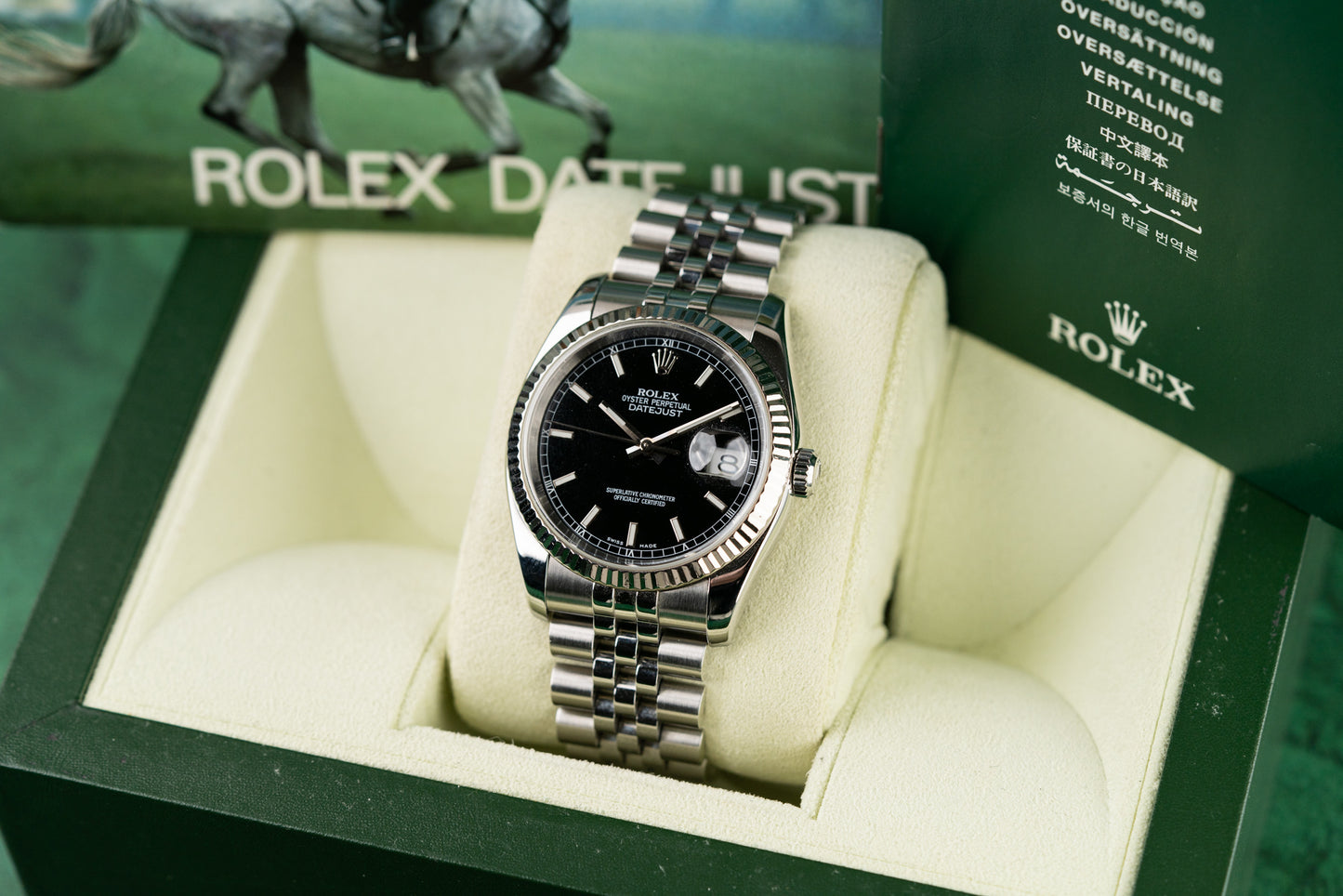 
Rolex Datejust 36 Black Index Dial Roulette Date Wheel 116234 Stainless Steel
