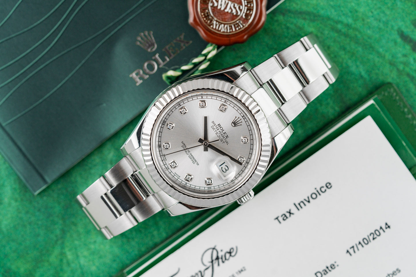 Rolex Datejust II Silver Diamond Dial 116334 dial close-up - Pre-Owned Sydney