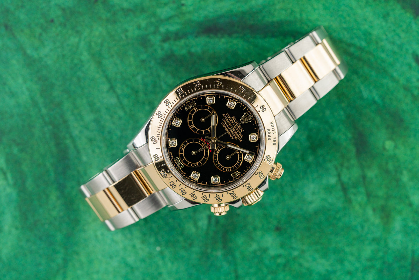 Rolex Daytona 116523 Black Diamond Dial Diamond Hour Markers - The Watch Business Sydney