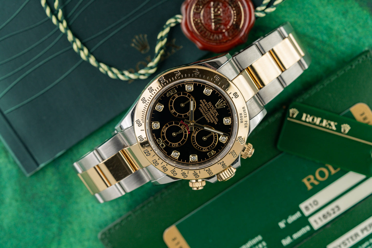 Rolex Daytona 116523 Black Diamond Dial Two Tone Steel Yellow Gold Case - The Watch Business Sydney CBD