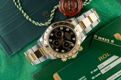 Rolex Daytona 116523 Black Diamond Dial Two Tone Steel Yellow Gold Case - The Watch Business Sydney CBD