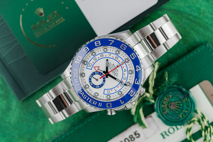 Rolex Yacht-Master II 116680 White Dial Blue Cerachrom Ring Command Bezel - The Watch Business Sydney