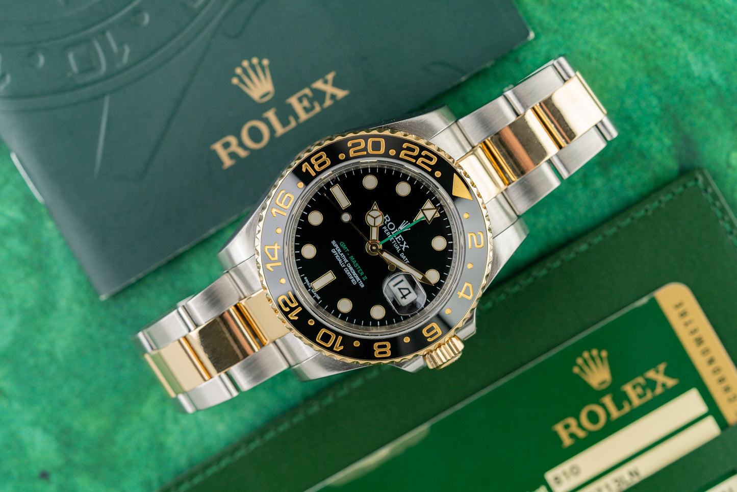Rolex GMT-Master II 116713LN Black Dial Two-Tone Yellow Gold Case Ceramic Bezel - The Watch Business Sydney CBD