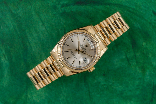 Rolex Day-Date 36 President 18k yellow gold watch, model 118238, silver dial, 2005, pre-owned luxury watch sold by The Watch Business Sydney