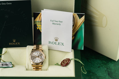 Rolex Day-Date 36 President 18k yellow gold watch, model 118238, silver dial, 2005, pre-owned luxury watch sold by The Watch Business Sydney