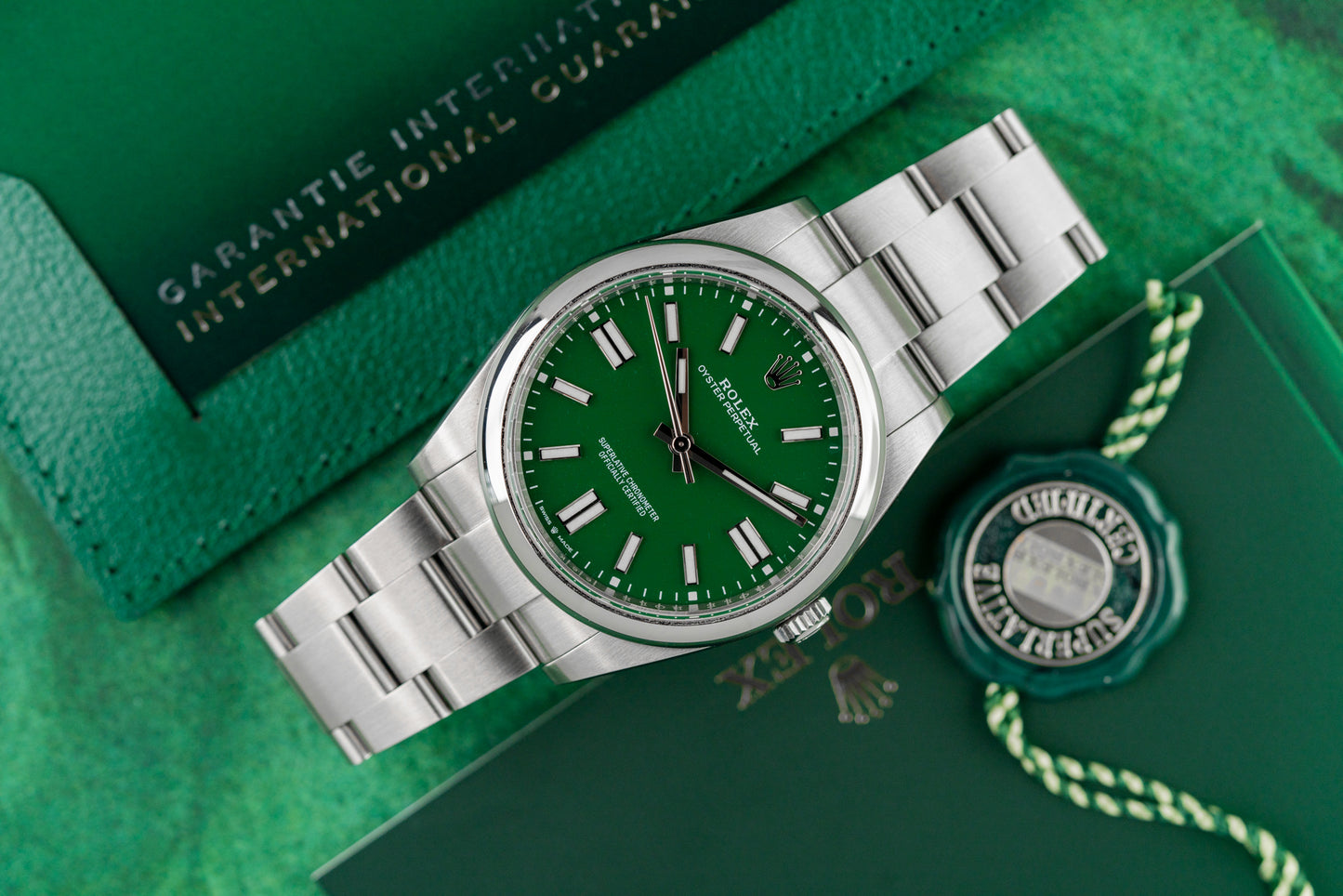 Rolex Oyster Perpetual 41 Green Dial 124300 dial close-up - Pre-Owned Sydney