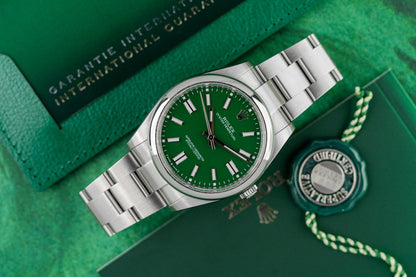 Rolex Oyster Perpetual 41 124300 Green Dial with Warranty Card and Hang Tag - The Watch Business Sydney