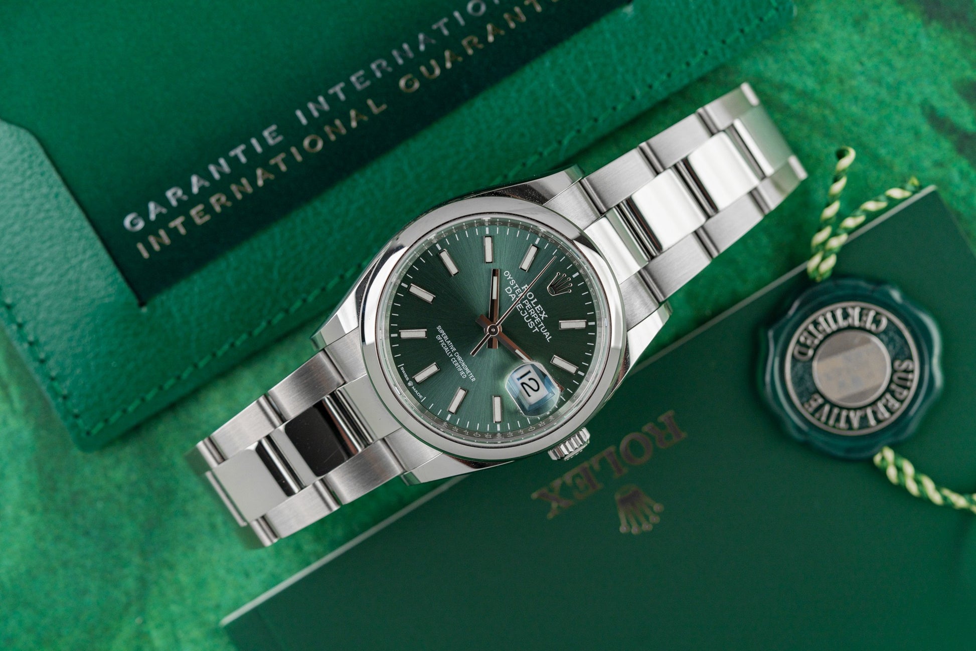 Rolex Datejust 36 Mint Green Dial 126200 dial close-up - Pre-Owned Sydney