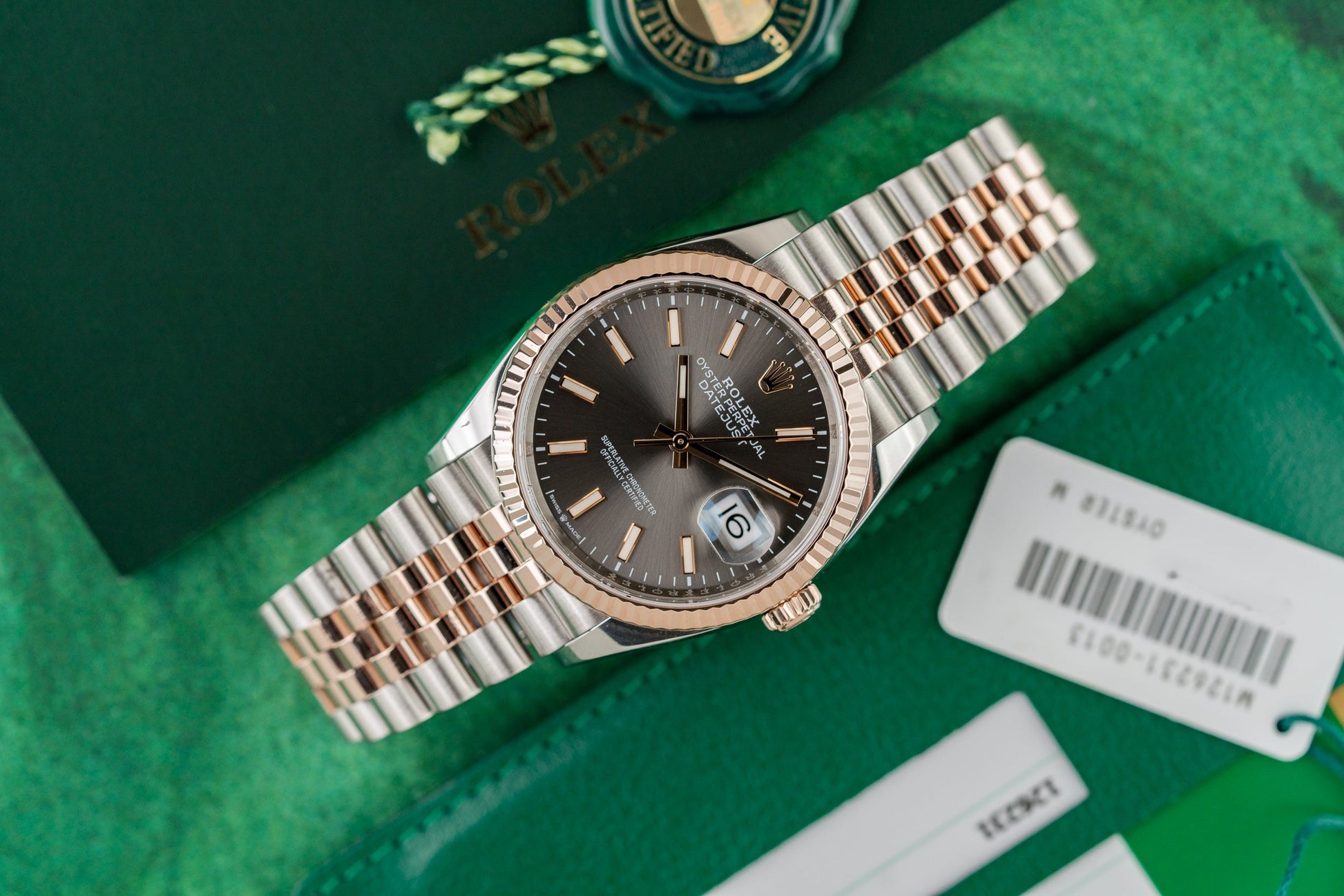 Rolex Datejust 36 Slate Index Dial 126231 Two Tone Rose Gold Jubilee Fluted 2020 dial close-up - Pre-Owned Sydney