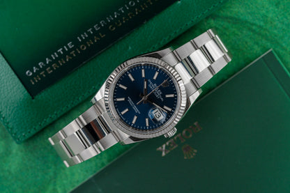 Rolex Datejust 36 126234 Blue Dial Baton Markers Fluted Bezel - The Watch Business Sydney