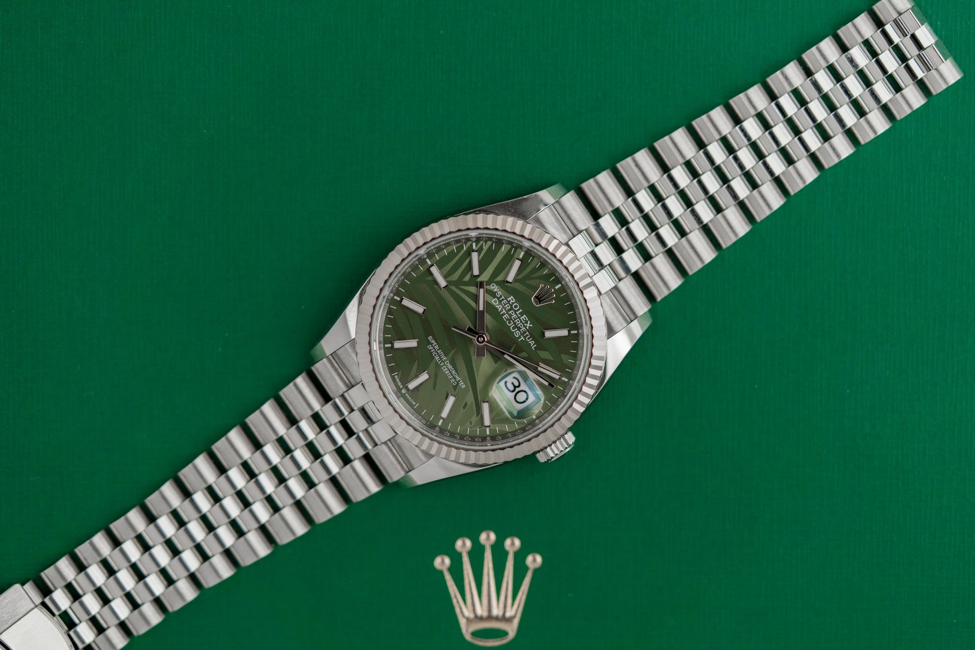 Rolex Datejust 36 Green Palm Dial 126234 Jubilee Fluted 2021 Model