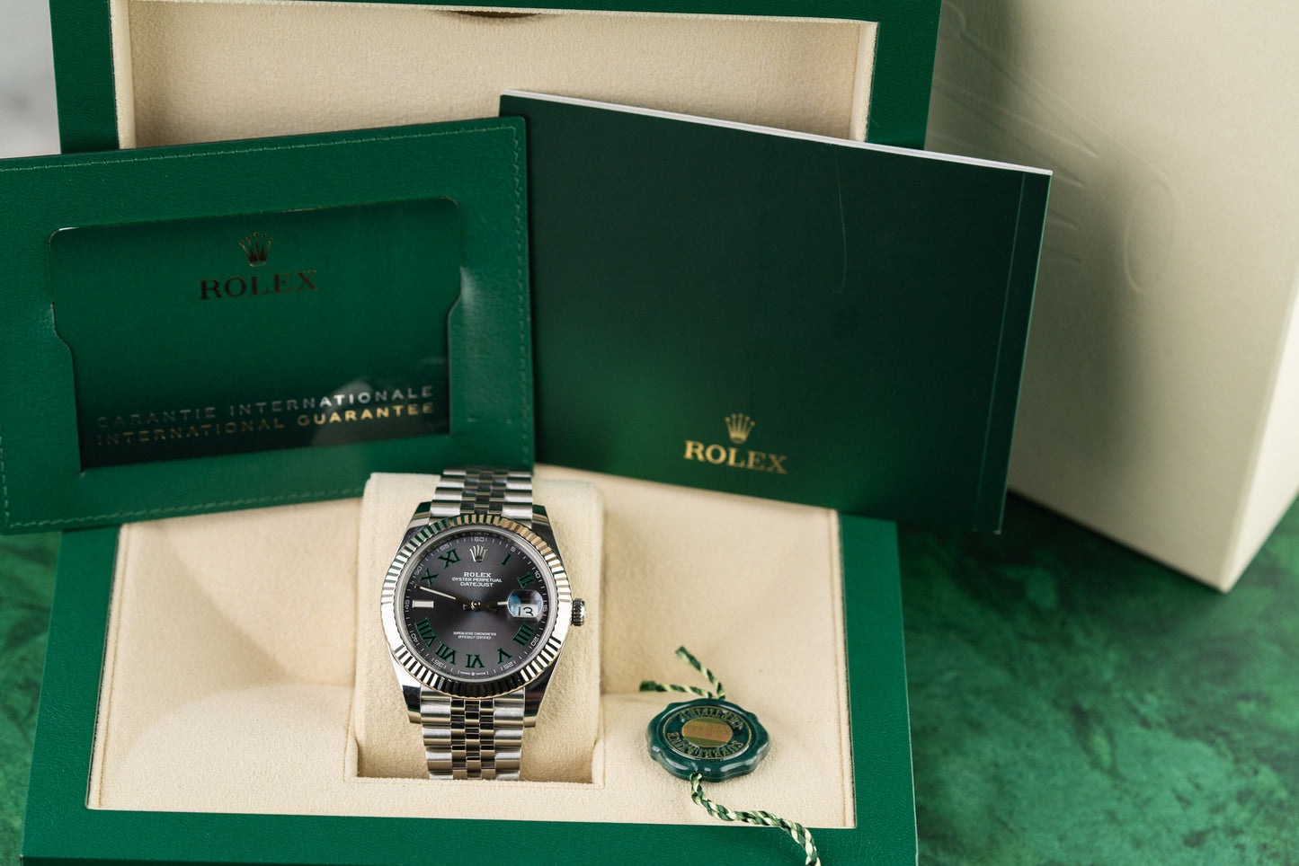 Rolex Datejust 41 stainless steel watch, model 126334, Wimbledon dial, fluted bezel on Jubilee bracelet, 2022, pre-owned luxury watch sold by The Watch Business Sydney