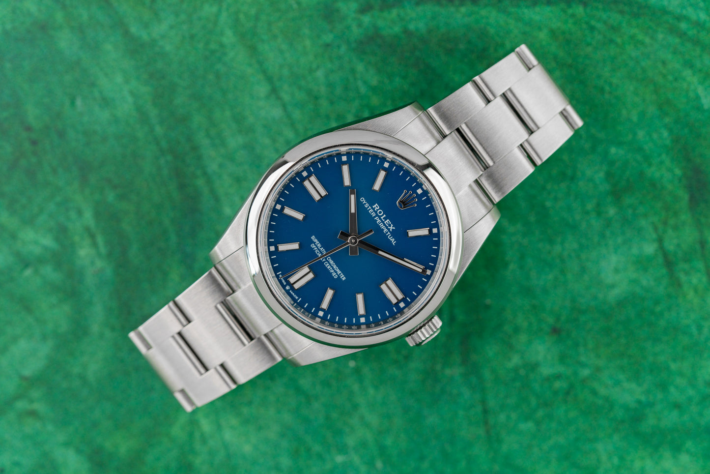 Rolex Oyster Perpetual 41 134300 Med Blue Dial Close Detail - Sydney