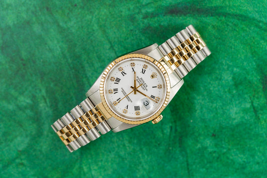 Rolex Datejust 36 White Roman Diamond Dial 16233 two tone Yellow gold 1990
