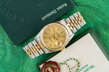 Rolex Datejust 36 Champagne Index Dial 16233 Two Tone Yellow Gold 1991 Model
