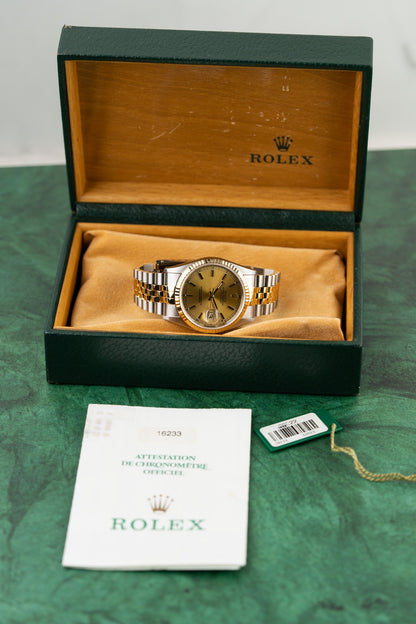 Rolex Datejust 36 Champagne Index Dial 16233 Two Tone Yellow Gold 1996 Model