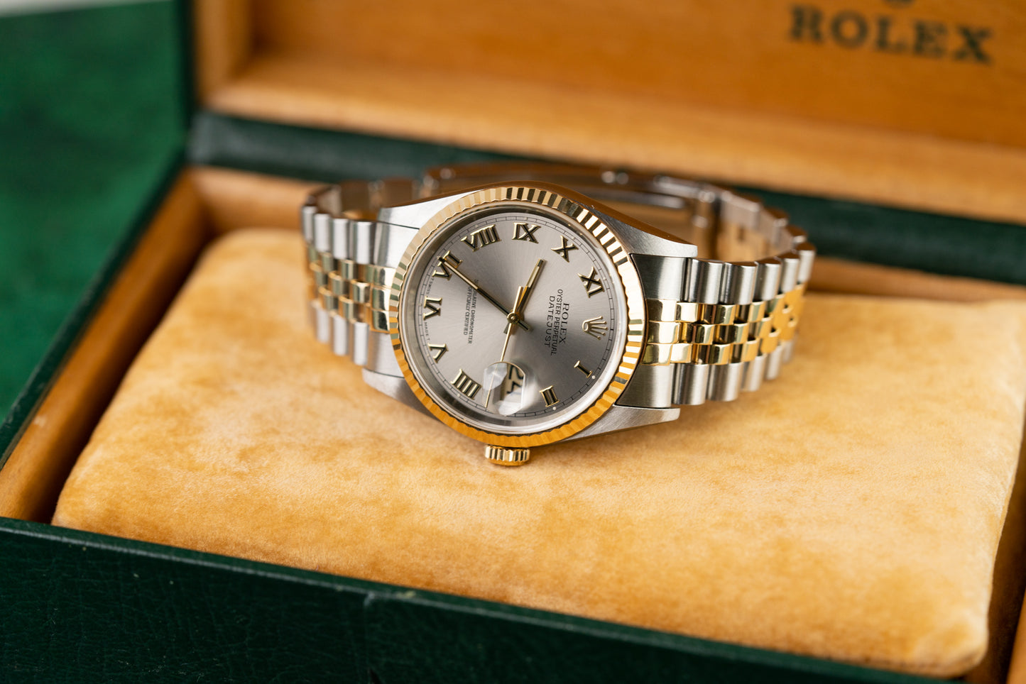 Rolex Datejust 36 Silver Roman Dial 16233 Two Tone Yellow Gold 1996 Model